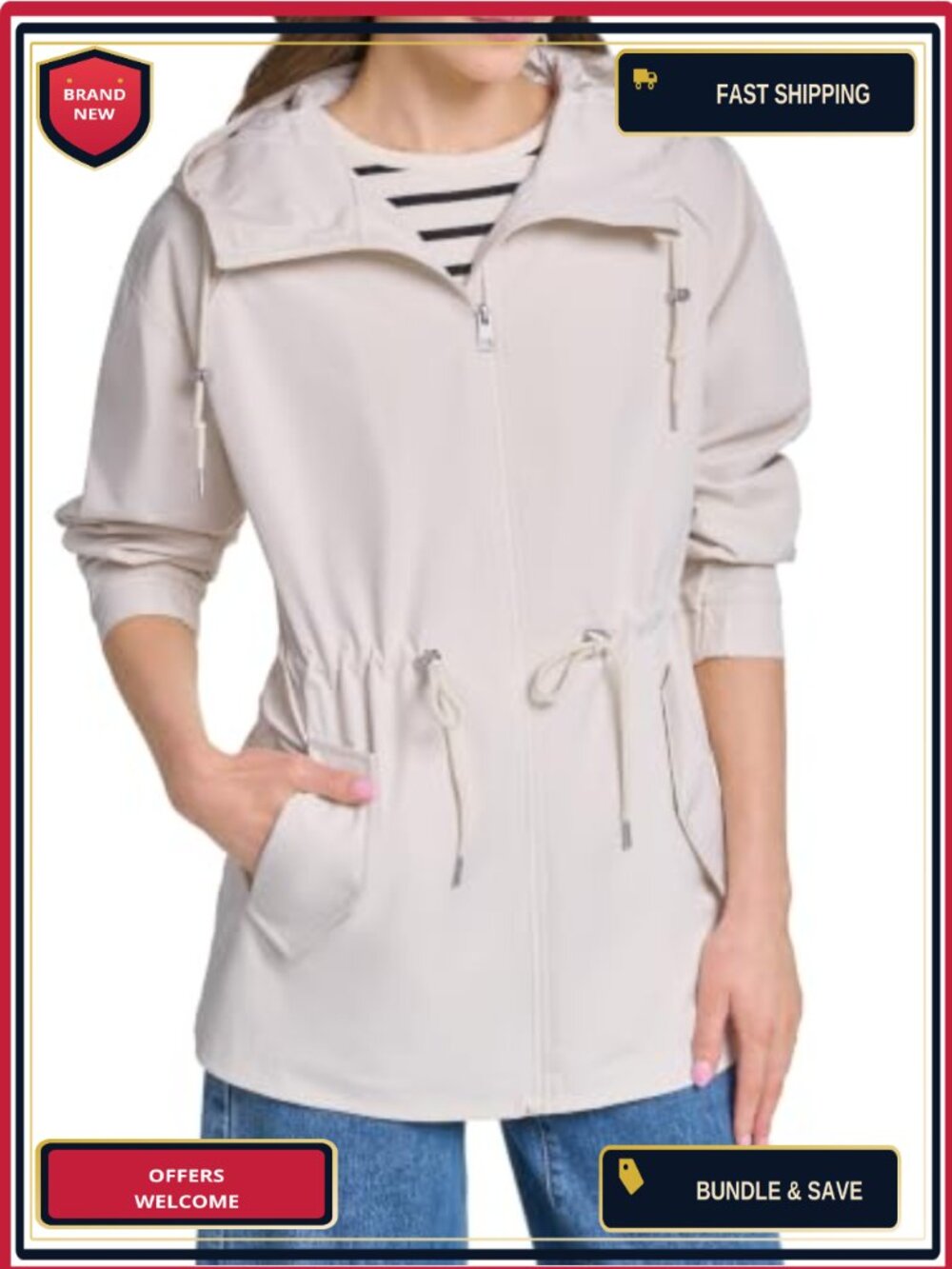 Water-Resistant Rain Jacket with Hood Raglan Sleeves